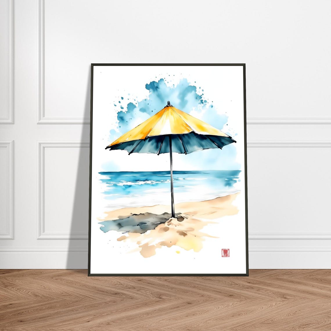 Yellow Beach Umbrella Coastal Ocean Watercolor Summer Poster