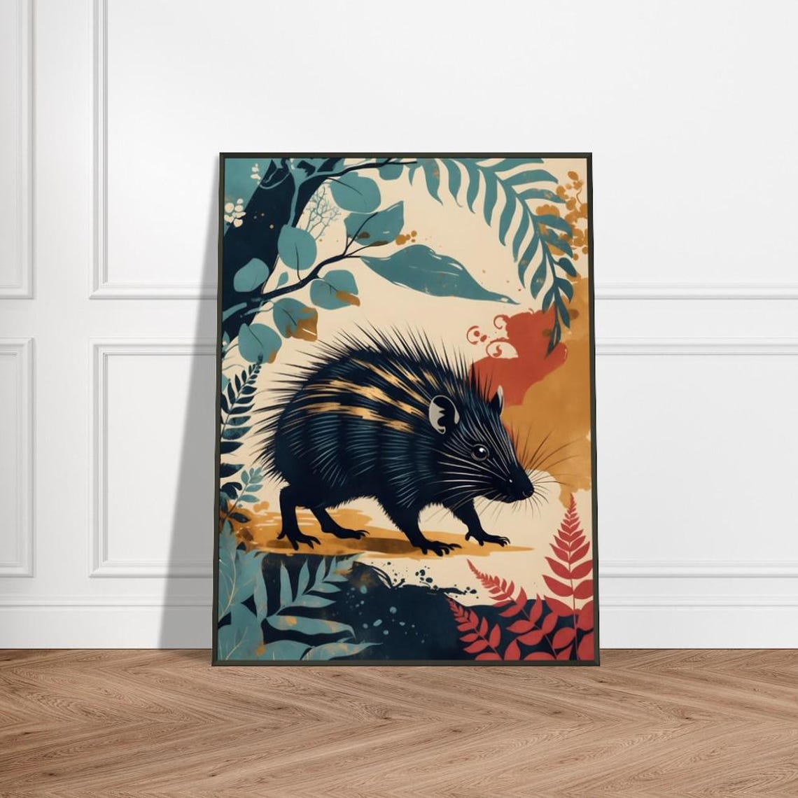 Porcupine In Vibrant Forest Setting Japaneseinspired Wildlife Art Bold Nature Illustration Exotic Animal Wall Decor