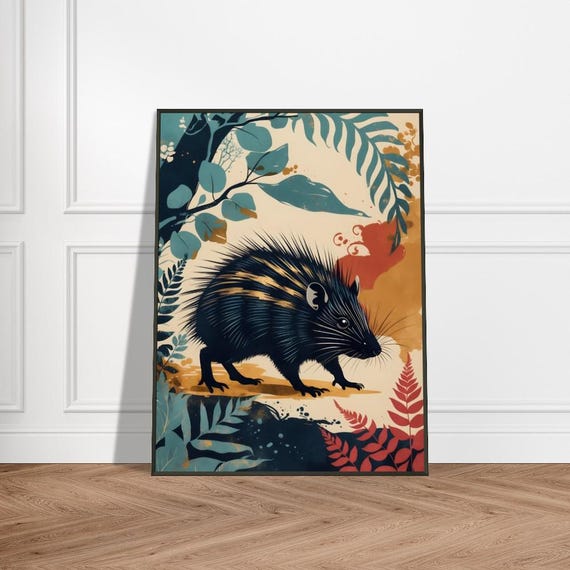 Porcupine In Vibrant Forest Setting Japaneseinspired Wildlife Art Bold Nature Illustration Exotic Animal Wall Decor