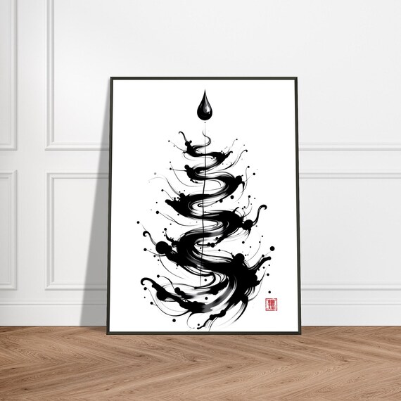 Ink Drop Serpent Flow Metal Framed Japanese Minimalist Art Print Black Fluid Dragon Brushstroke Zen Decor