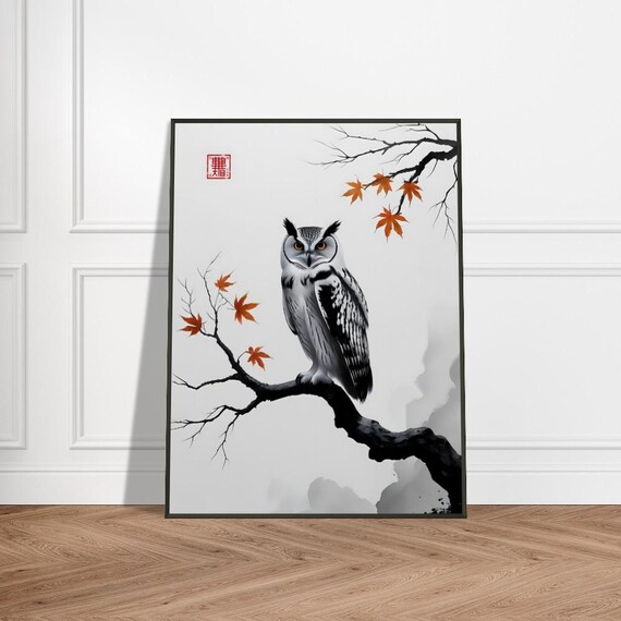 Great Horned Owl Perched Among Autumn Maple Leaves Ink Poster