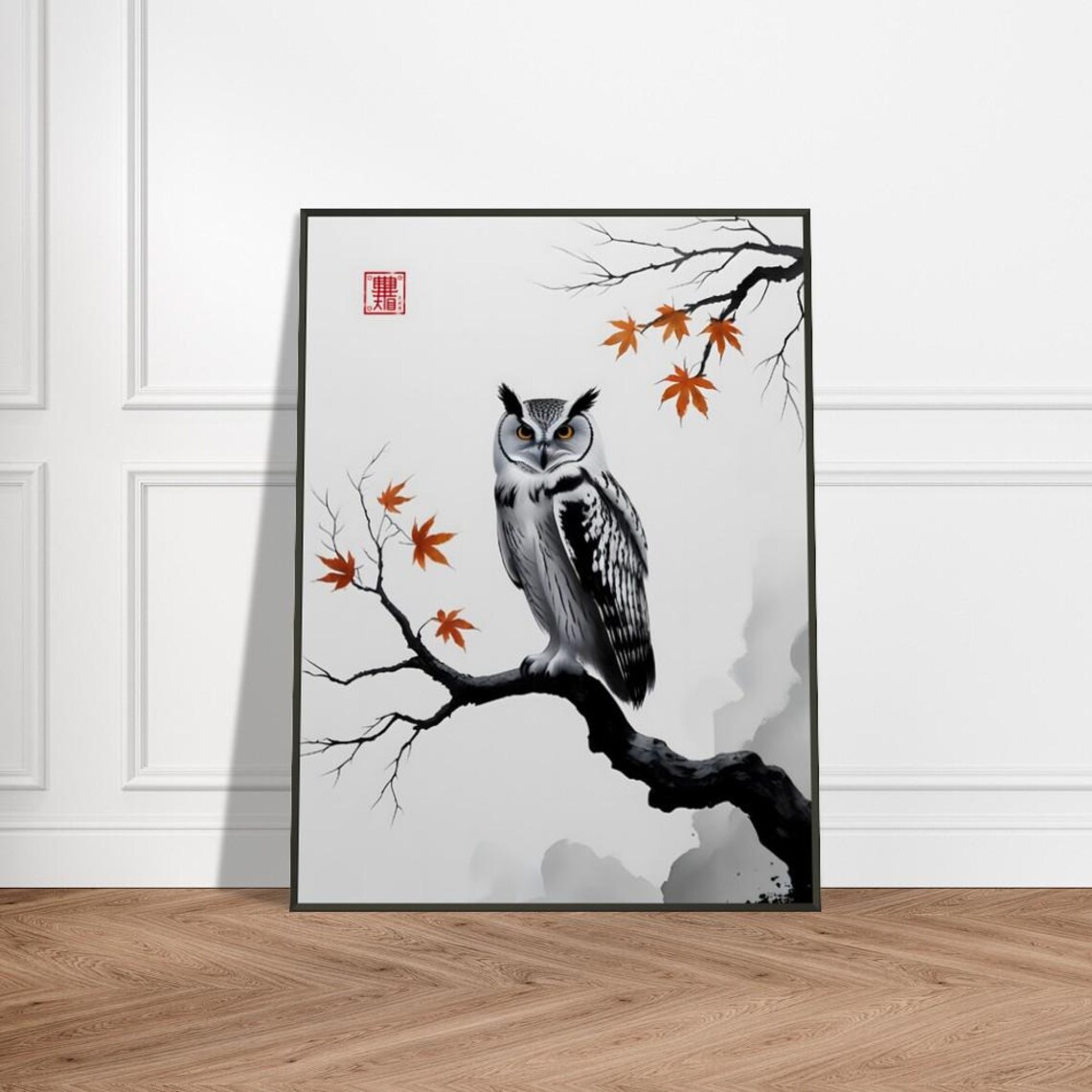 Great Horned Owl Perched Among Autumn Maple Leaves Ink Poster