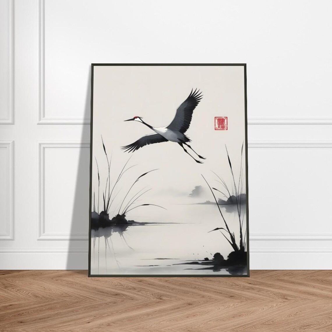 Red-Crowned Crane in Flight Over Misty Waters Japanese Ink Poster