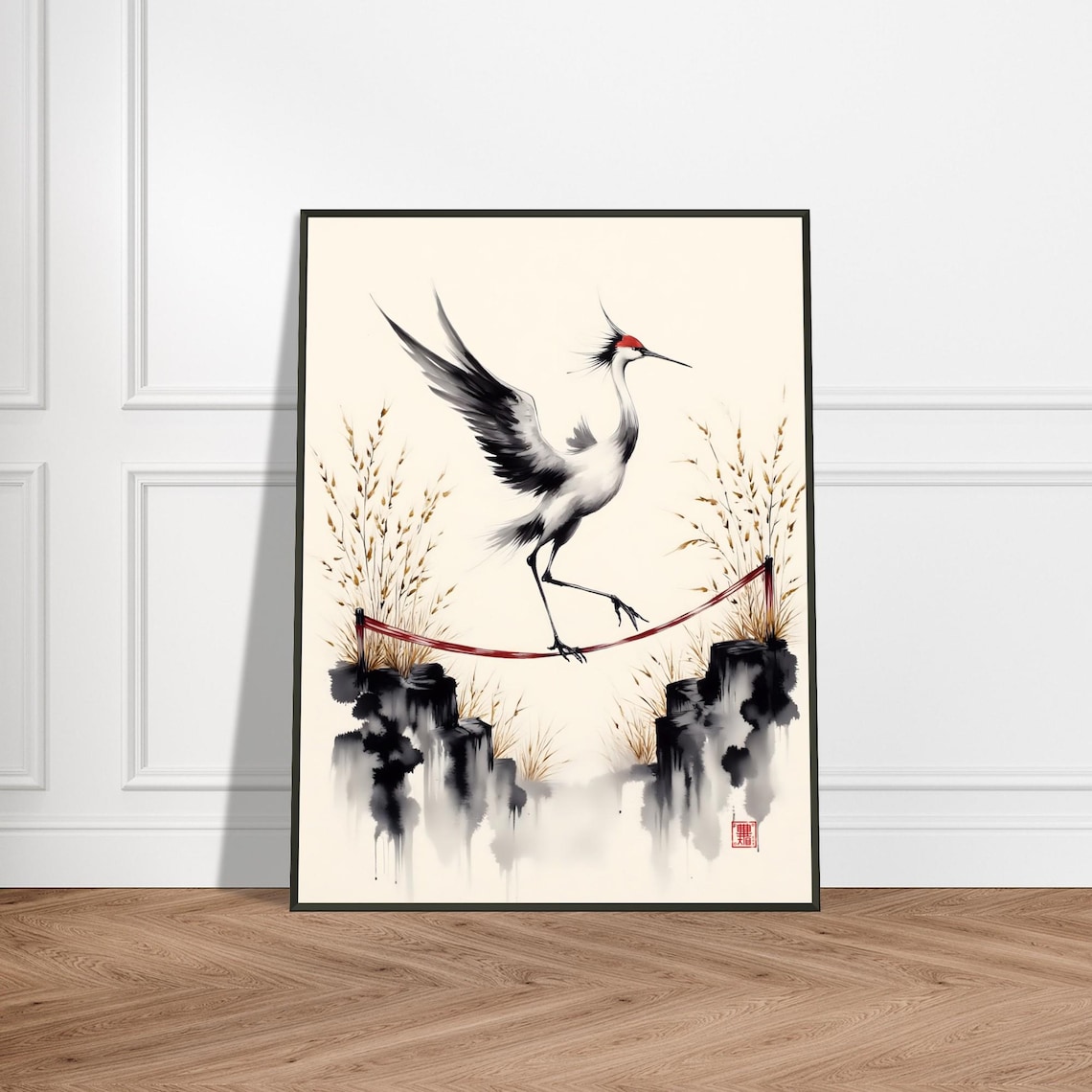 Red Crowned Crane Balancing on Red Ribbon Japanese Ink Art Poster