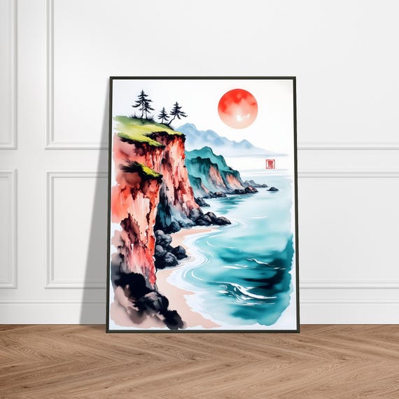Metal Framed Japanese Coastal Cliffs Print Watercolor Red Sun Ocean Art Zen Landscape Wall Decor Serene Gift
