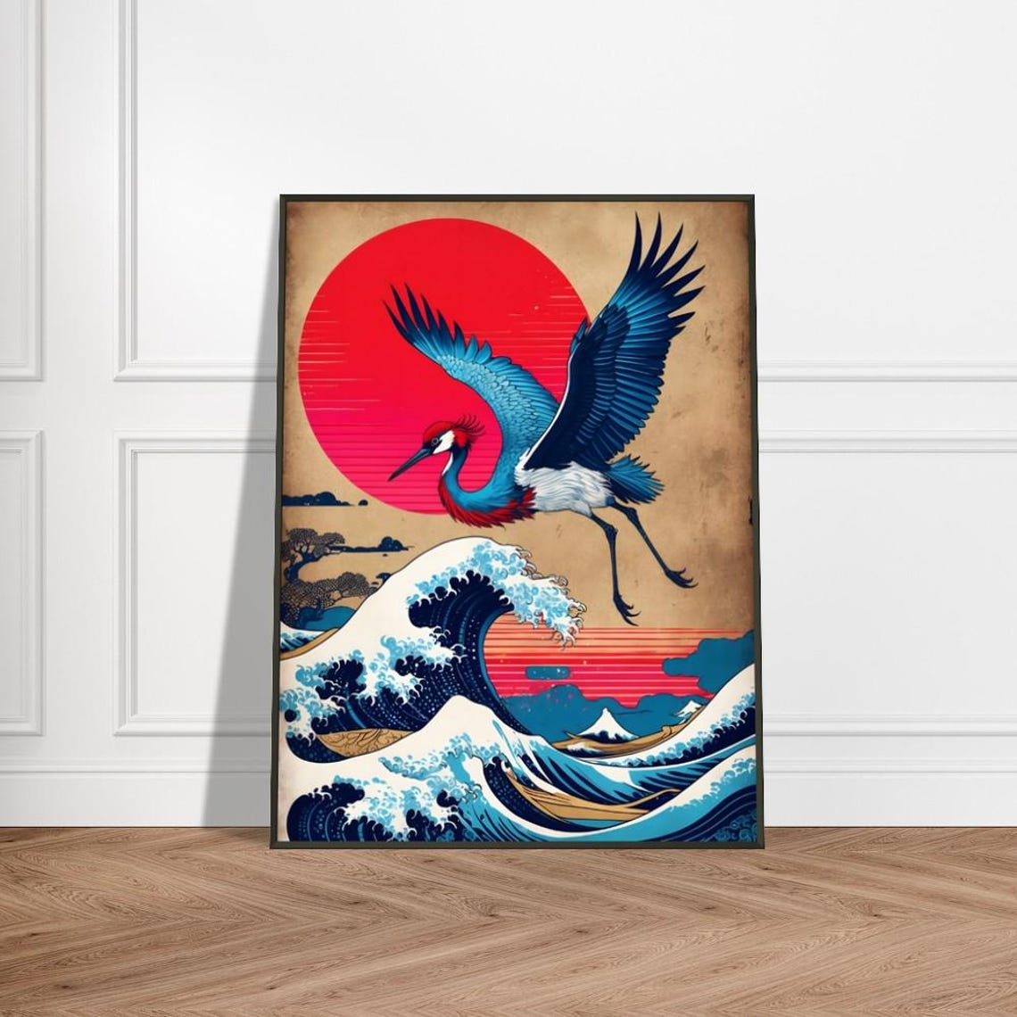 Crested Crane Soaring Over Great Wave Under Red Sun Japanese Poster