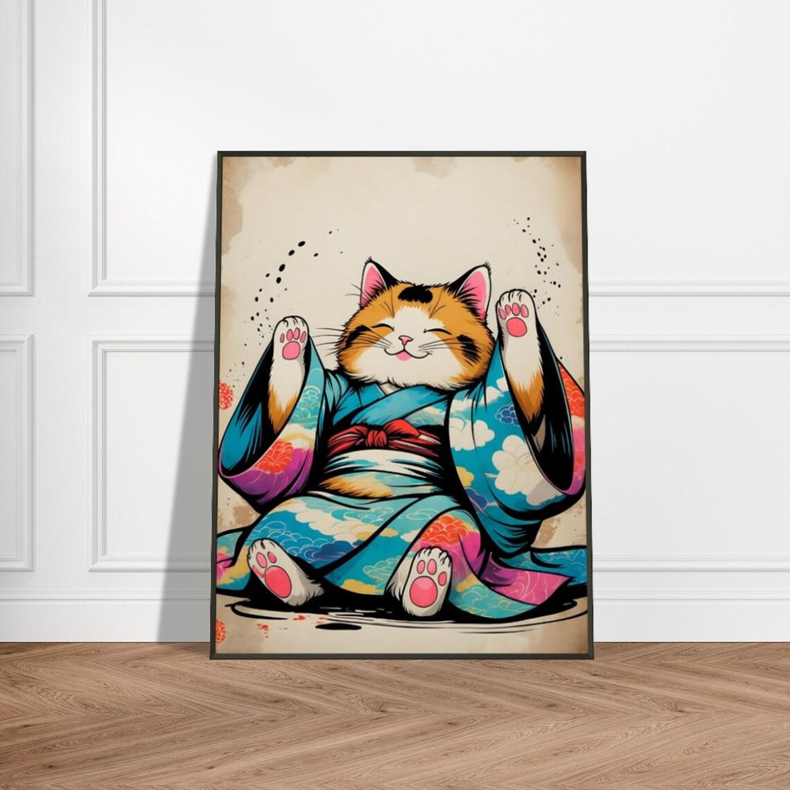 Happy Cat In Colorful Kimono Waving Paws Japanese Animal Poster