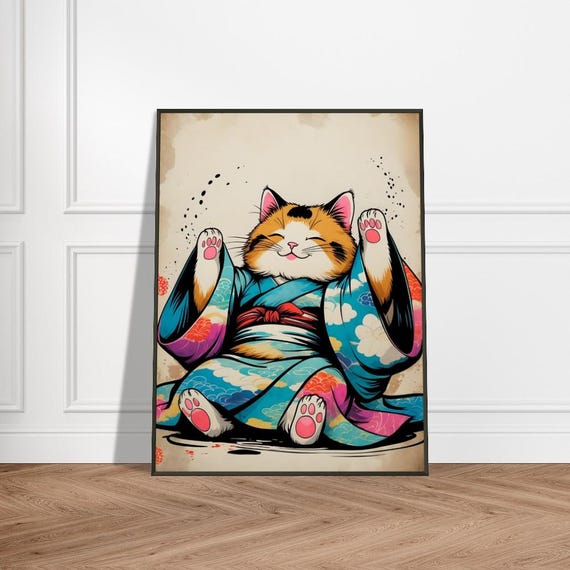 Calico Cat In Kimono Wall Art With Metal Frame Japaneseinspired Ink Illustration Playful Pose Vibrant Wave And Cloud Design