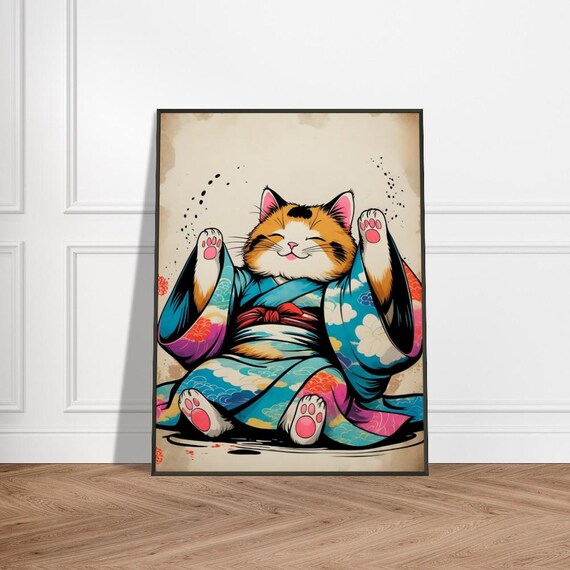Happy Cat In Colorful Kimono Waving Paws Japanese Animal Poster