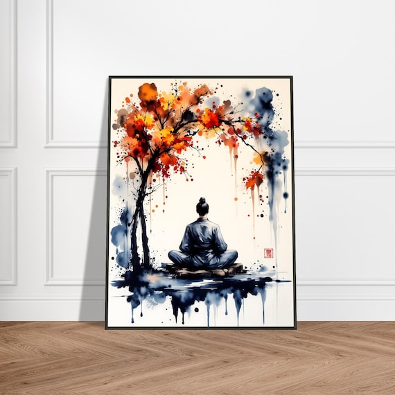Zen Meditation Figure Autumn Tree Ink Splash Watercolor Poster