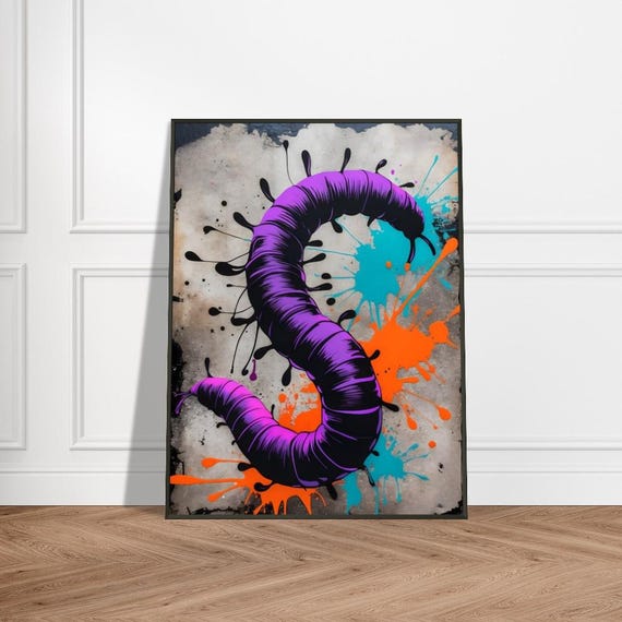 Vibrant Worm Art Print Japaneseinspired Ink Splash Design With Bold Purple Orange And Teal Accents Unique Nature Wall Decor
