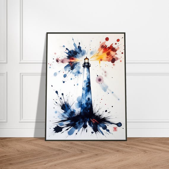 Radiant Lighthouse Art Print Japanese Watercolor Ink Illustration Vibrant Light Burst Wall Decor Zen Coastal Beacon Painting