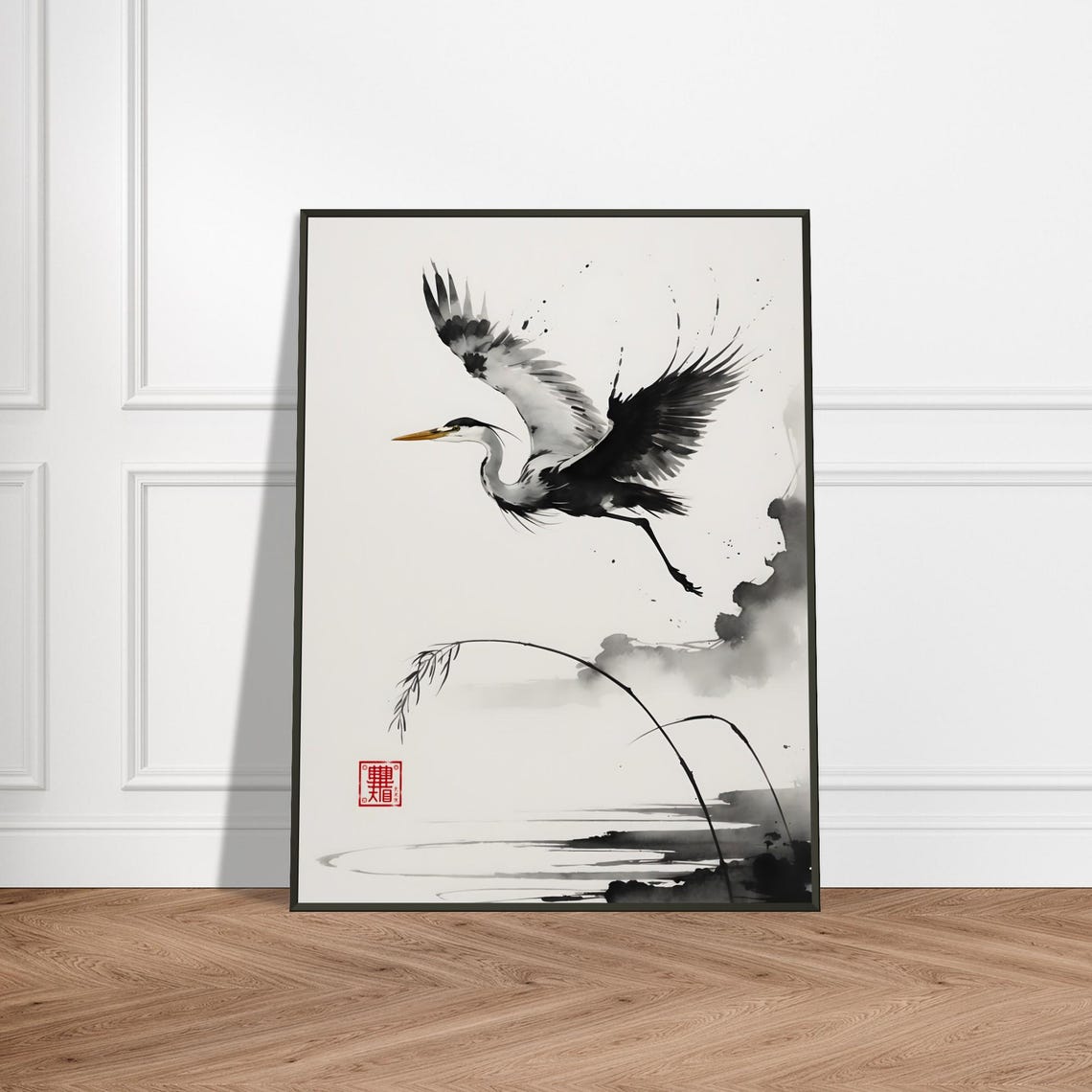 Japanese Sumi-e Heron Taking Flight Over Quiet Waters Poster