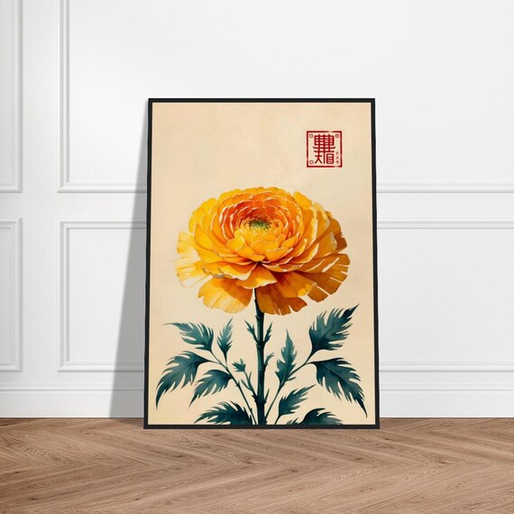 Japanese Marigold Watercolor Art Vibrant Orange Floral Print With Red Kanji Seal Minimalist Botanical Wall Decor For Warmth And Serenity