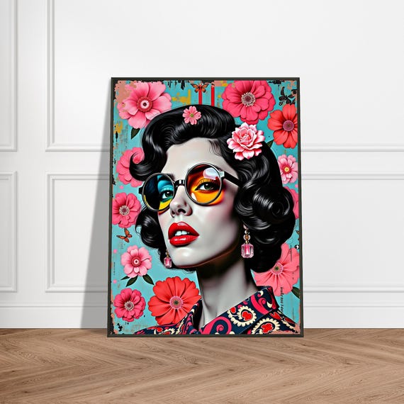 Retro Pop Art Portrait Vibrant Woman With Sunglasses And Flowers Colorful Wall Bold Vintage Style Print For Modern Decor