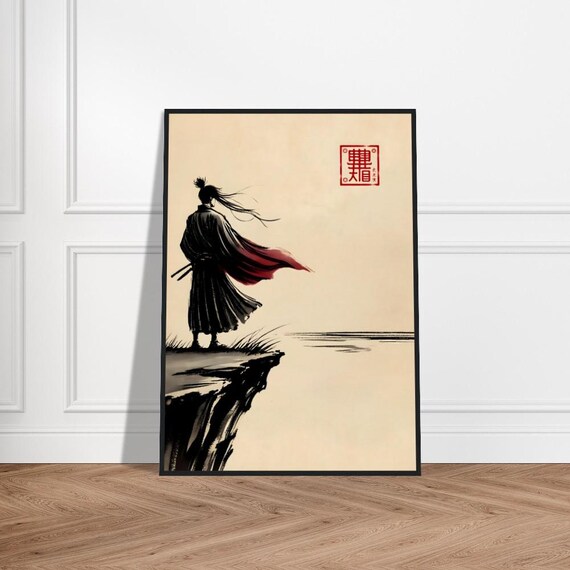 Samurai on Cliff Edge Red Sash Japanese Sumi E Ink Art Poster