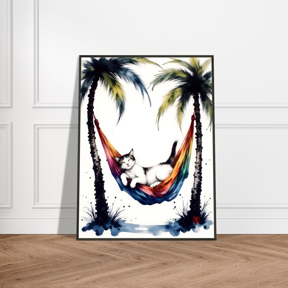Relaxed Cat Lounging in a Hammock Between Palm Trees Art Poster