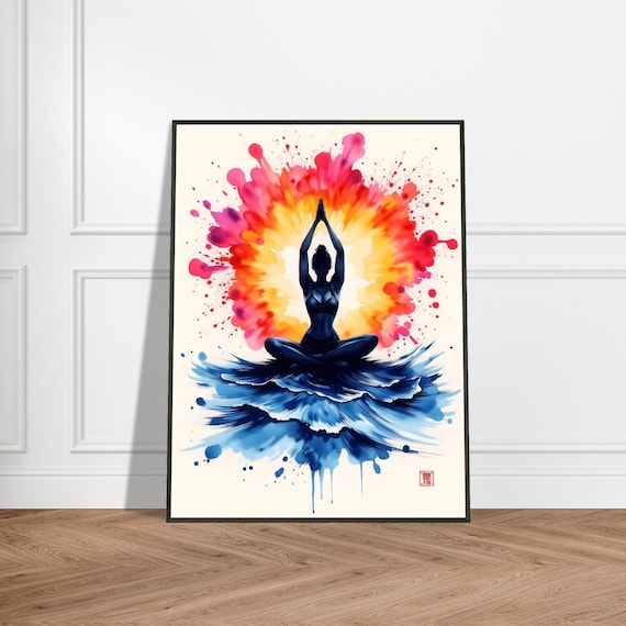 Meditating Woman On Waves Sunburst Zen Yoga Watercolor Poster