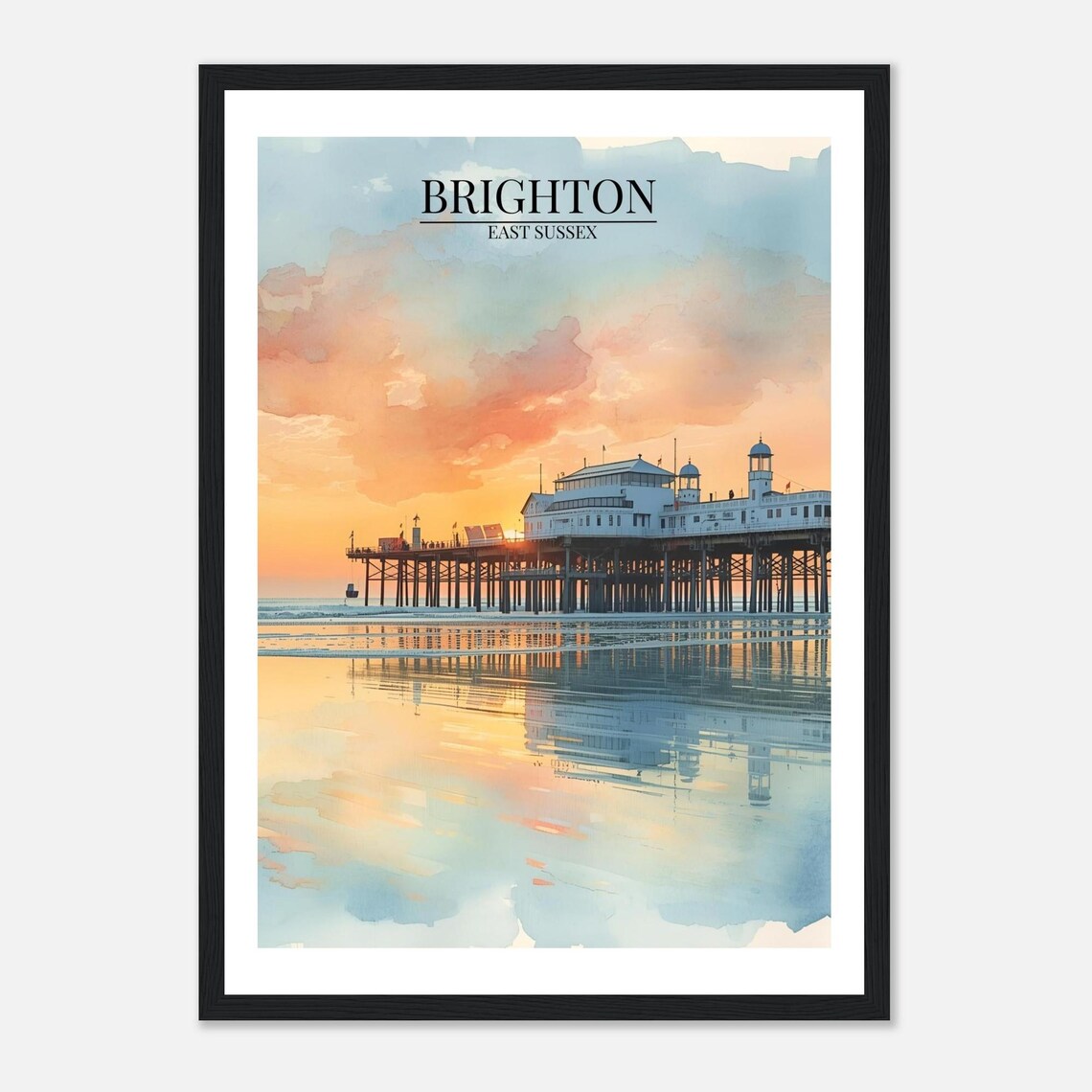 Brighton Pier Sunset East Sussex Coast Dreamy Watercolor Art Print