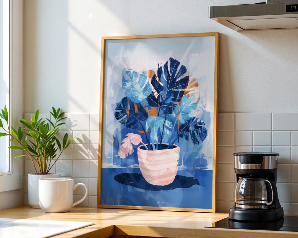 Blue Monstera Leaves In Pink Pot Matisse Inspired Botanical Poster