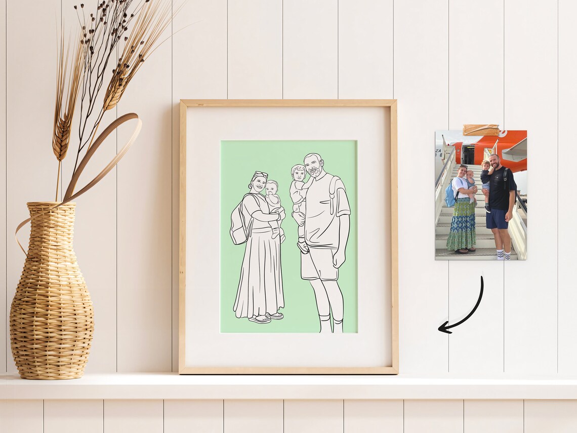Personalized Family Line Art Portrait With Dog Terracotta Art Poster - Image 2