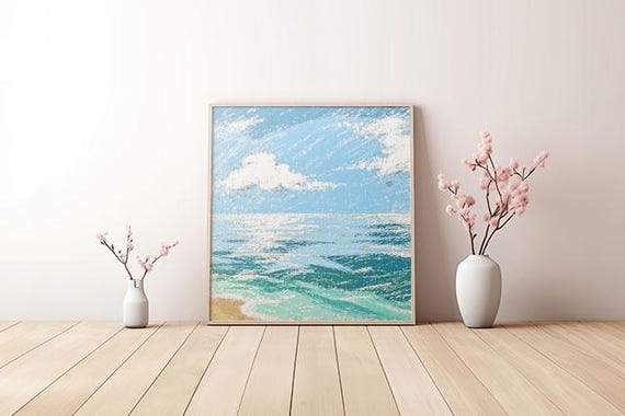 Beach Wall Art Beach Painting Coastal Seascape Print Pastel Seaside Decor Nautical Artwork For Home Office