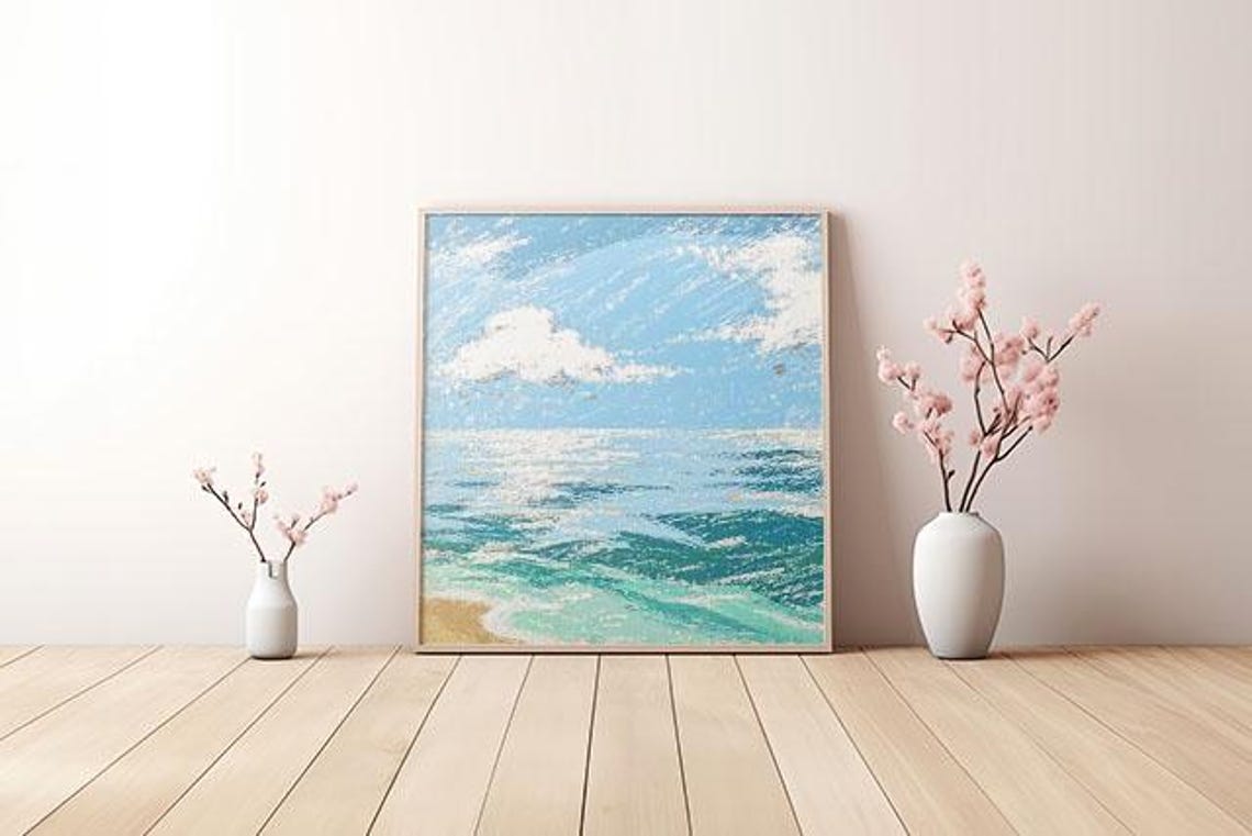 Beach Wall Art Beach Painting Coastal Seascape Print Pastel Seaside Decor Nautical Artwork For Home Office
