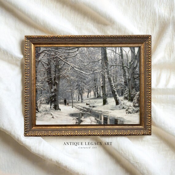 Snowy Winter Forest Landscape Lone Walker Vintage Christmas Art Poster