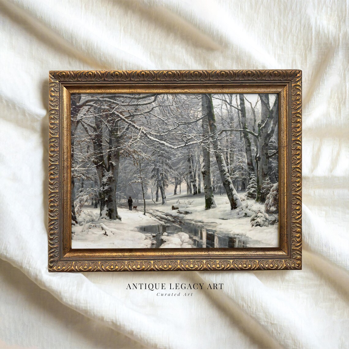 Snowy Winter Forest Landscape Lone Walker Vintage Christmas Art Poster