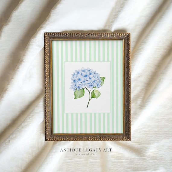 Blue Hydrangea Watercolor Botanical Green Stripe Floral Poster