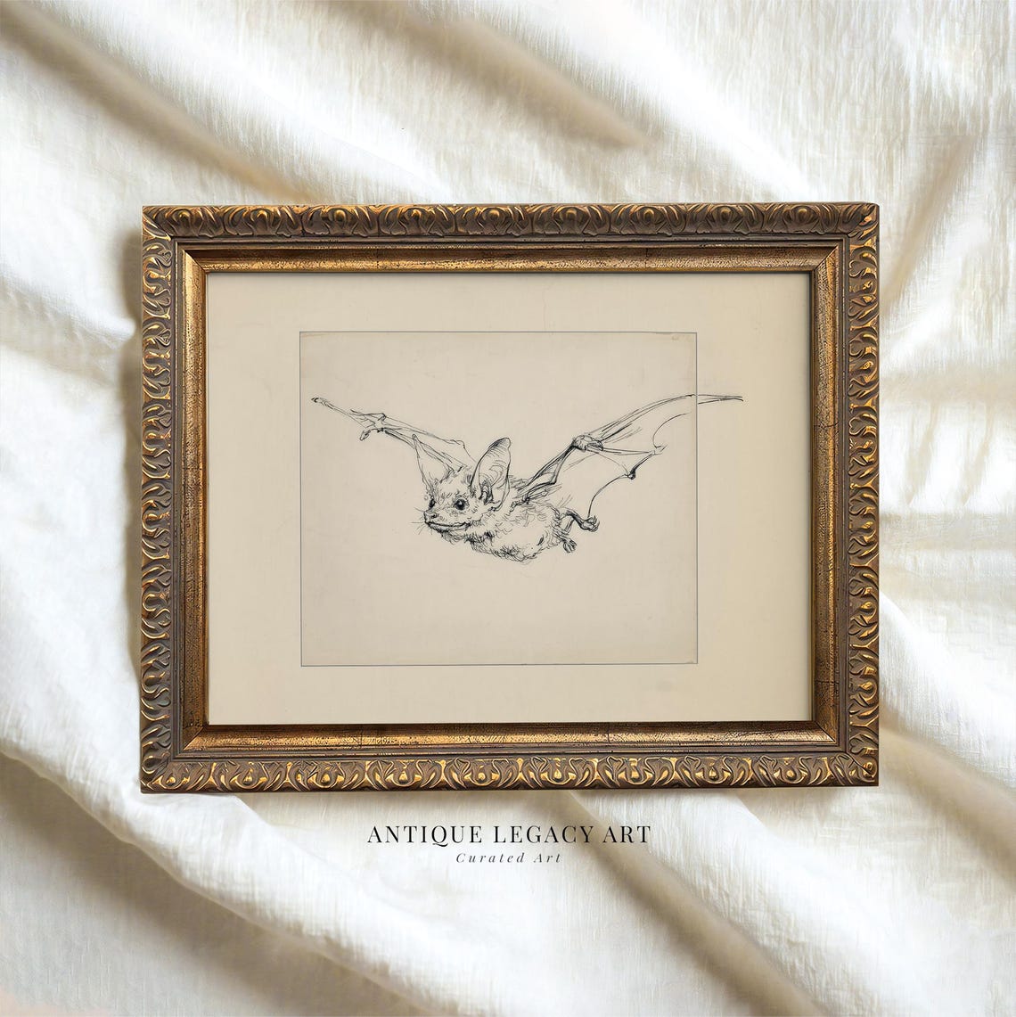 Vintage Halloween Bat Flying Drawing Print Gothic Ink Sketch Wall Art Creepy Spooky Dark Academia Decor