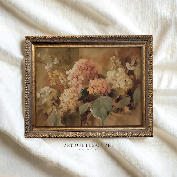 Vintage Hydrangea Flower Painting Print Rustic Autumn Floral Wall Art Warm Farmhouse Fall Decor Moody Botanical