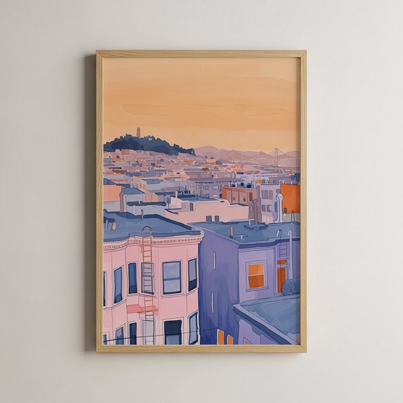 Sunset Wall Art City Skyline Dreamy Pastel Print Modern Home Decor Urban Artwork Soft Colors