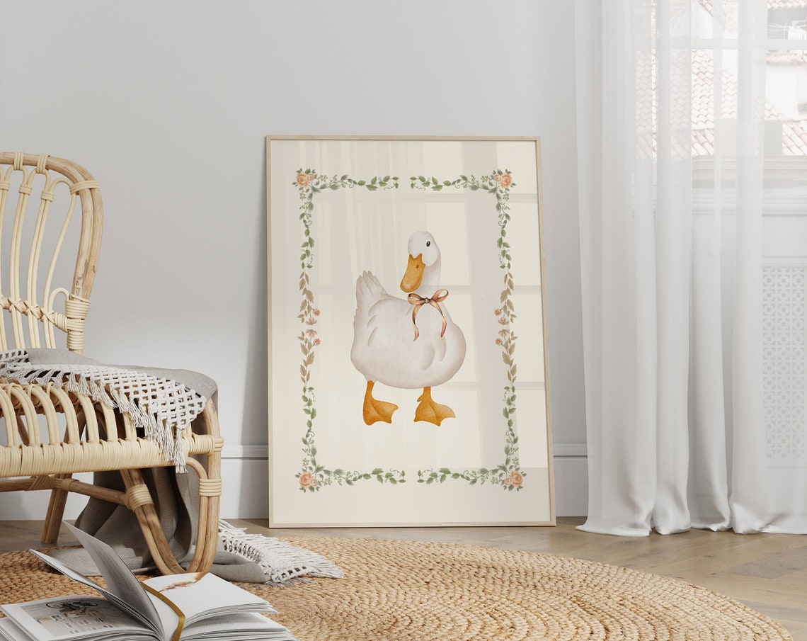 Watercolor Duck With Bow Floral Frame Nursery Print For Girls