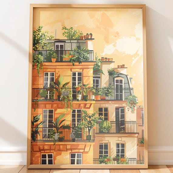 Paris Rooftop Terrace Wall Art Warm Vintage Travel Illustration Cozy Cityscape Charming European Decor Poster