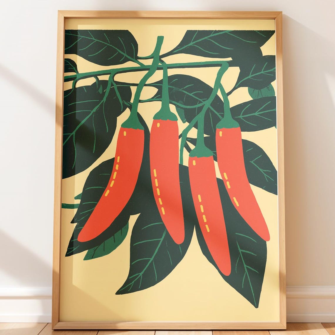 Bold Red Chili Peppers Branch Vibrant Modern Kitchen Wall Art