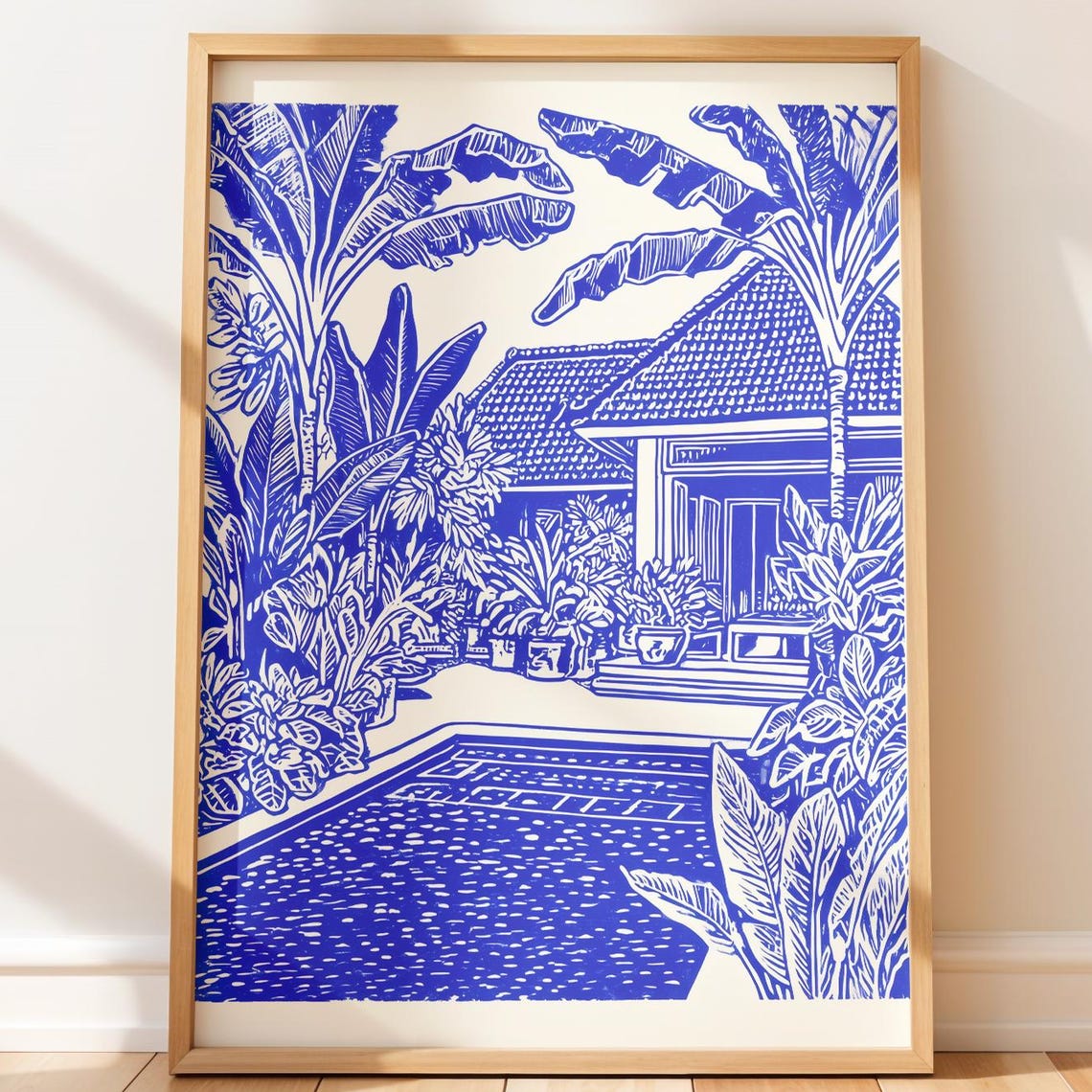 Tropical Villa Pool Landscape Art Serene Detailed Blue Monochrome Print Botanical Wall Decor Coastal