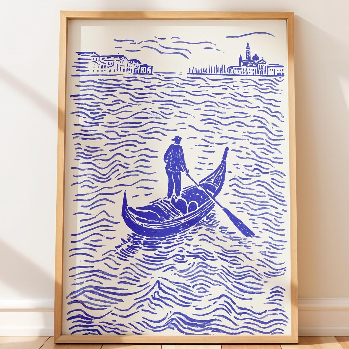 Venice Gondolier San Giorgio Maggiore Blue Ink Sketch Poster
