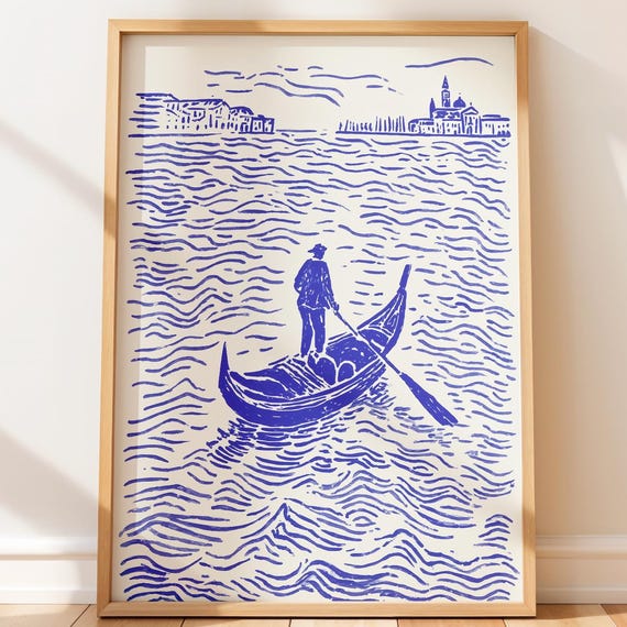 Venice Travel Poster Print Blue Gondola Wall Art Italian Canal Illustration Romantic City Decor Minimalist Line