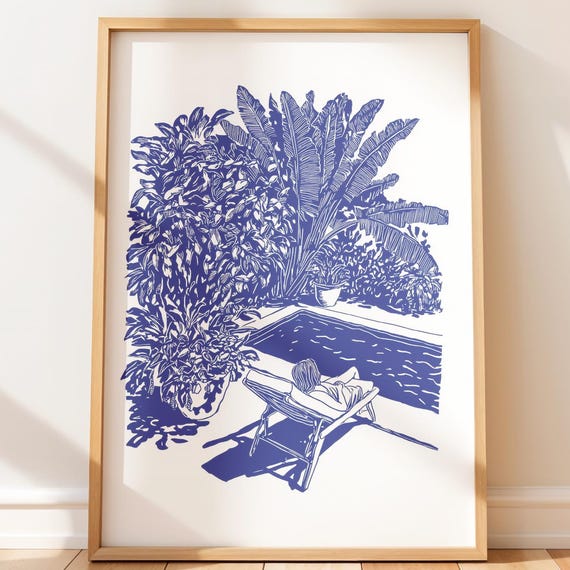 Indigo Tropical Poolside Art Retro Minimalist Relaxed Summer Wall Decor Person With Banana Leaves