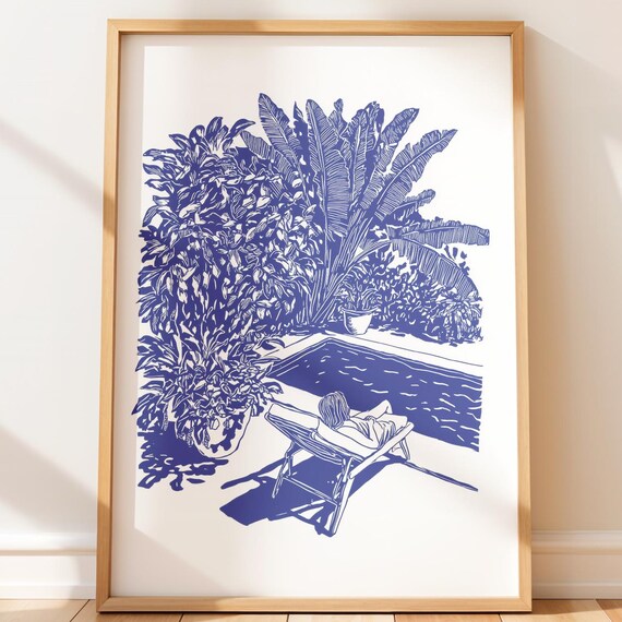 Poolside Lounger Blue Monochrome Poster Tropical Palm Oasis Relaxation Art
