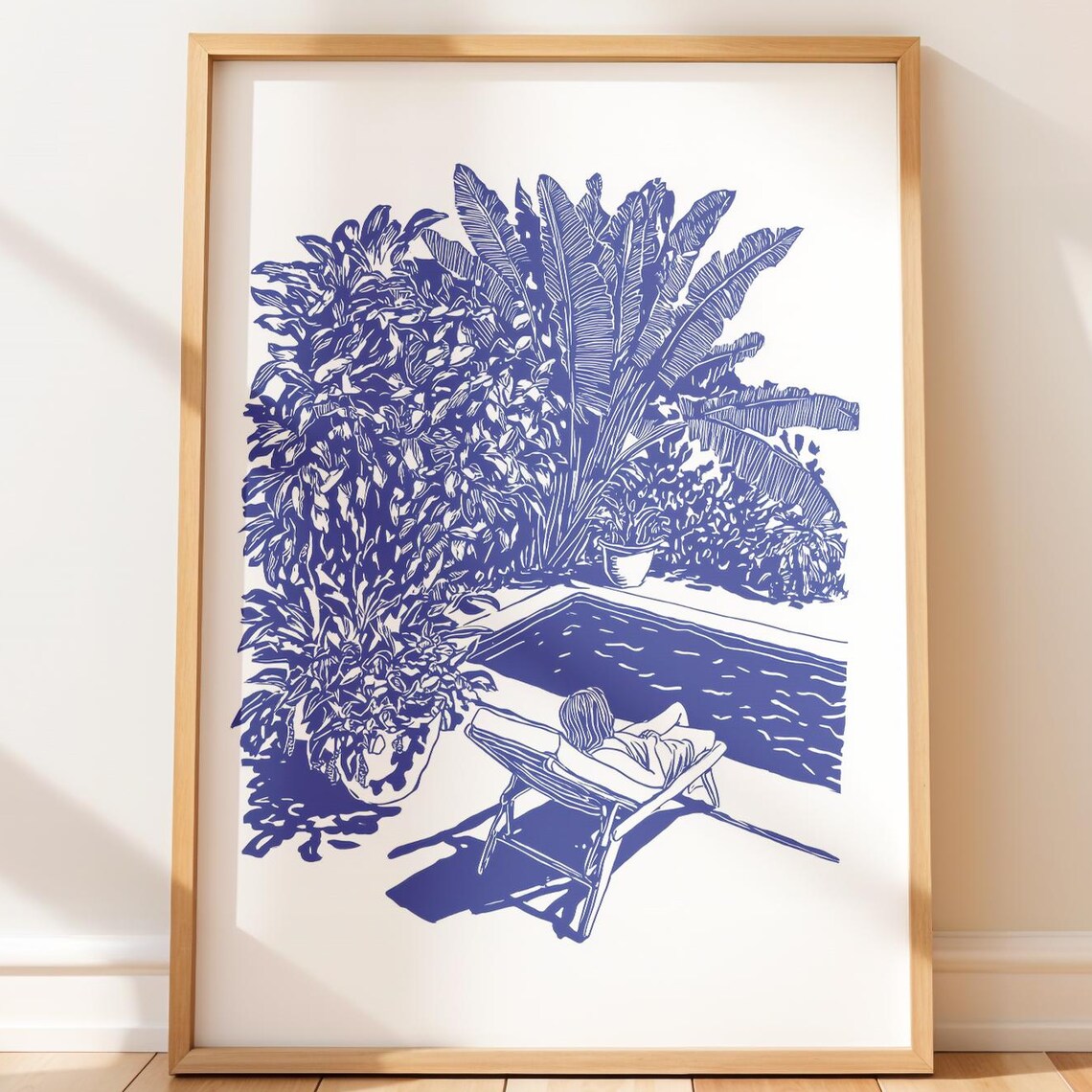 Poolside Lounger Blue Monochrome Poster Tropical Palm Oasis Relaxation Art