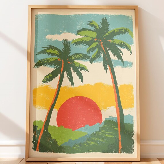 Retro Palm Tree Sunset Tropical Horizon Waves Vintage Beach Poster
