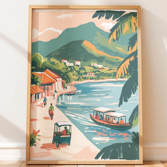 Tropical Beach Village Art Vintage Coastal Scene Retro Island Decor Gouache Illustration