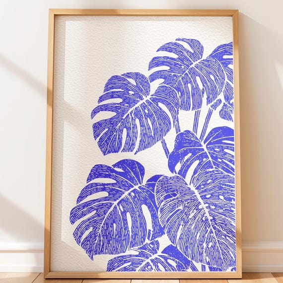 Tropical Monstera And Banana Leaves Print Bold Graphic Wall Art Minimalist Blue Botanical Decor Coastal Style Linocut