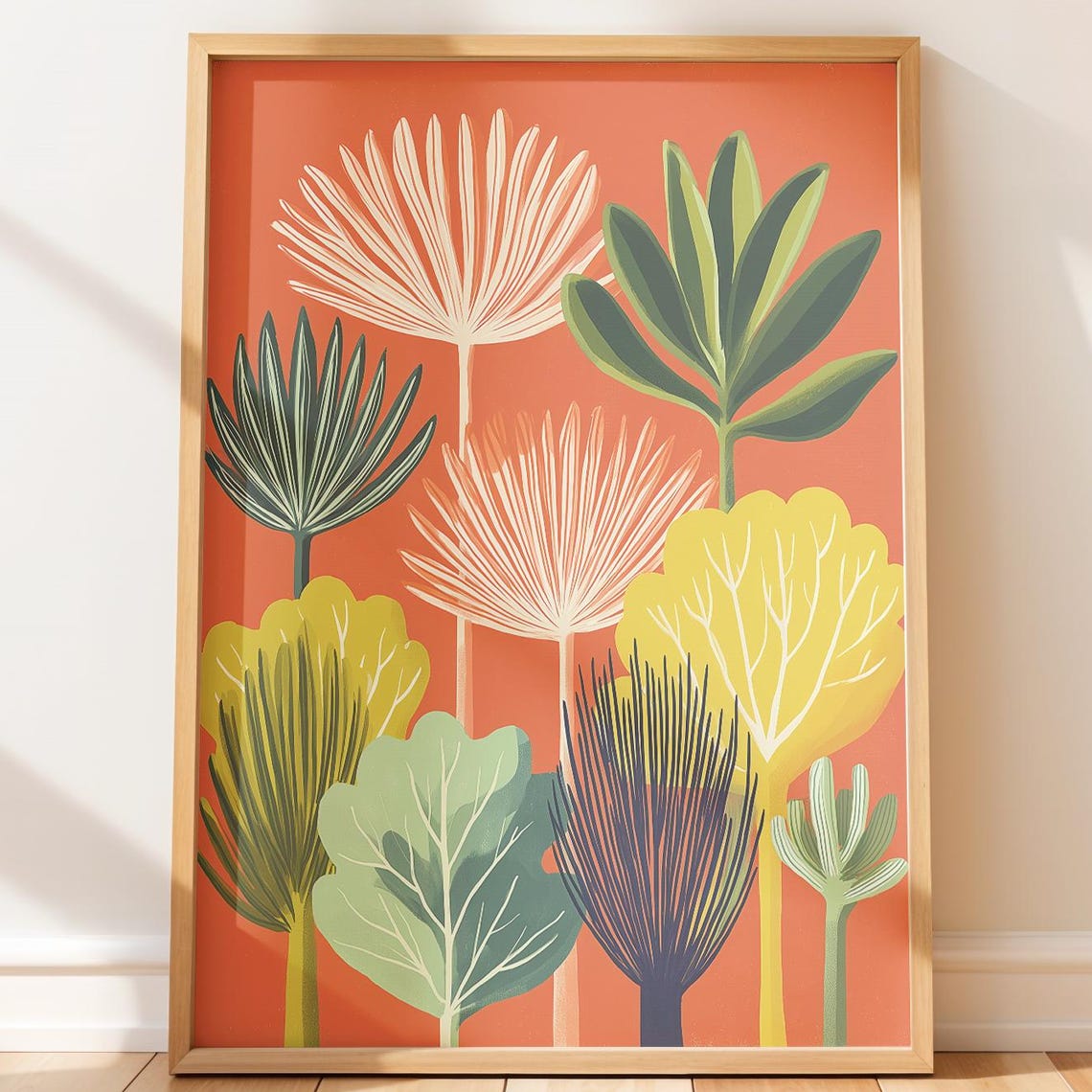 Abstract Plant Shapes Art Modern Midcentury Inspired Wall Colorful Botanical Design With Retro Graphic Style Mid Century Decor