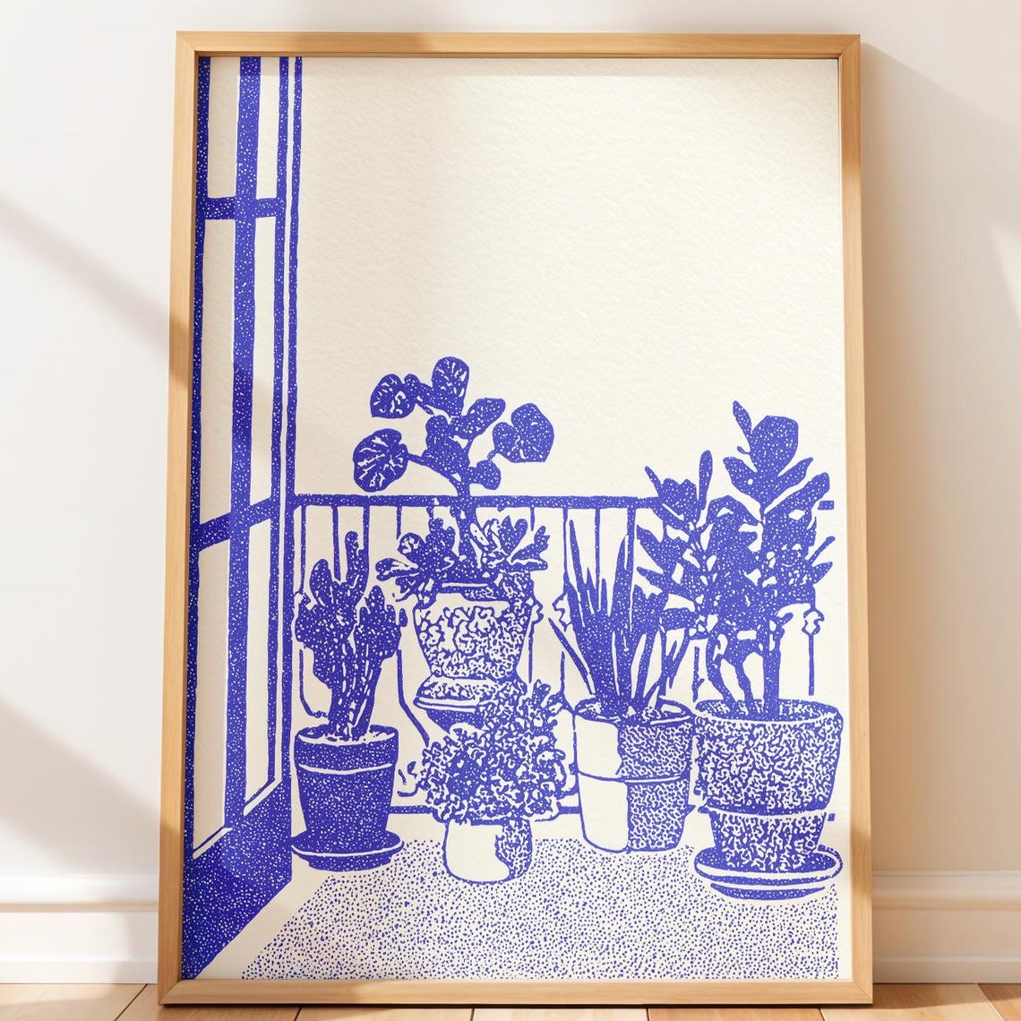 Cozy Botanical Wall Art Potted Plants On Balcony With Open French Doors Minimalist Home Decor Linocut Print Boho Minimal