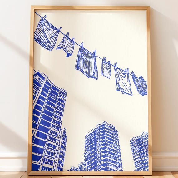 Urban Minimalist Clothes On Laundry Line Print Modern Monochrome Illustration Clean Graphic Art Everyday Decor 216
