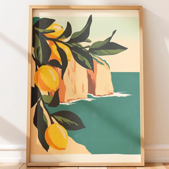 Bright Lemon Branch Wall Art Coastal Modern Retro Decor Cheerful Citrus Painting Minimalist Midcentury Illustration