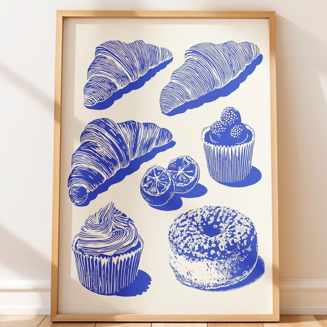 Blue Ink Croissants Cupcakes Donuts Bakery Line Art Kitchen Poster